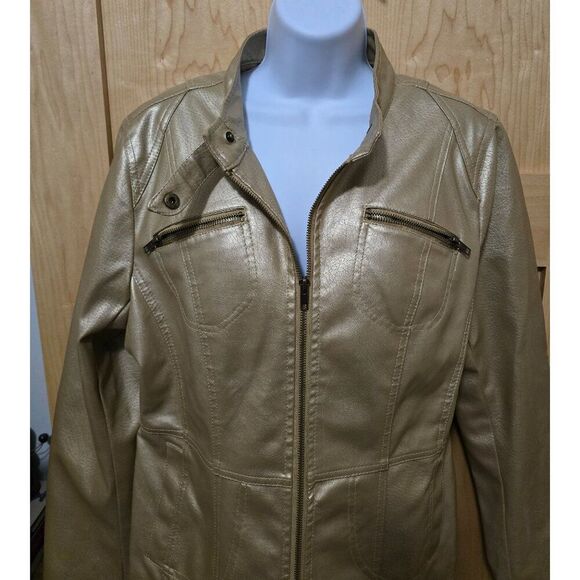 Gold Faux Leather Moto Jacket  Zipper Pockets Snap Collar mob wife 80's retro - Picture 10 of 10
